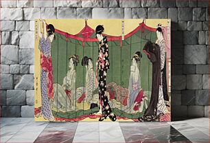 Πίνακας, Fujin Tomarikyaku no zu by Utamaro Kitagawa (1753-1806), translated Woman with a Visitor, a print of a traditional Japanese women in a mosquito net tent exposing