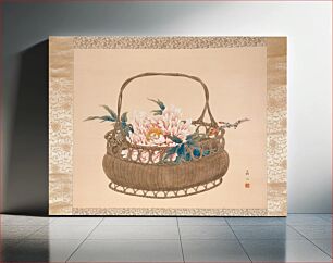 Πίνακας, Fully open pink peony in a flower basket; short blossoming branch at R; basket has herringbone weave with looping design around neck and base; square handle