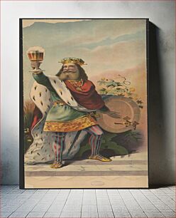 Πίνακας, [Gambrinus, in royal regalia, holding a glass of beer, standing next to a keg]