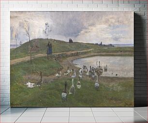 Πίνακας, Geese by a lake.Against rough weather. Drag ear by Viggo Johansen