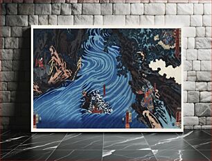 Πίνακας, Gentoku Uma o Odorashite Tankei o Koeru zu by Utagawa Kuniyoshi (1798-1861), a woodcut triptychs of the warlord “Liu Bei (Xuande)” crossing the Caoq