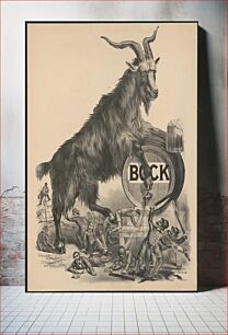 Πίνακας, [Giant bock goat resting on a keg, holding a mug of beer, men under the goat scrambling]
