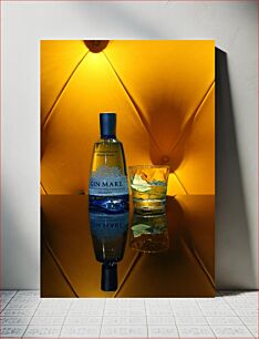 Πίνακας, Gin Bottle and Glass with Orange Background Μπουκάλι τζιν και ποτήρι με πορτοκαλί φόντο