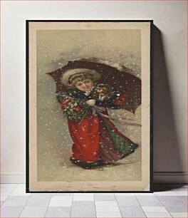 Πίνακας, [Girl in red coat with Christmas wreath, umbrella, and puppy in the snow]