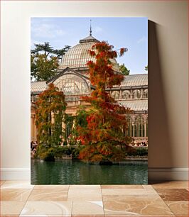 Πίνακας, Glass Building with Autumn Trees by a Pond Γυάλινο κτίριο με φθινοπωρινά δέντρα δίπλα σε μια λίμνη