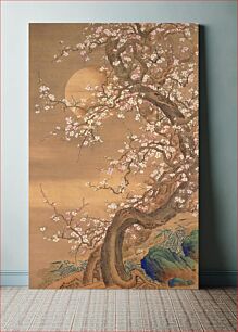 Πίνακας, Gnarly tree in moonlight; tree is full of plum blossoms; blue/green rocks at LR with some bamboo leaves; full moon peeking from behind blossoms at ULQ