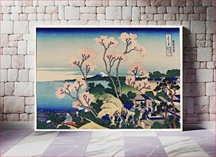 Πίνακας, Goten-Yama Hill, Shinagawa on the Tokaido by Katsushika Hokusai (1760-1849) a traditional Japanese Ukyio-e style illustration of sakura blossom with Mount Fuji