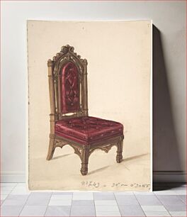 Πίνακας, Gothic Style Chair with Dark Wood Frame and Maroon Upholstery