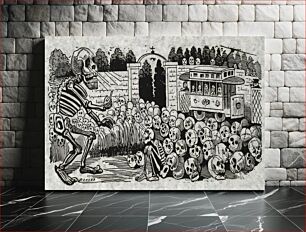 Πίνακας, "Gran calavera eléctrica" (Grand electric skull) "Print shows large skeleton hypnotizing a group of skulls and a sitting skeleton; an electric street car, with skeletons as passengers, is in the background