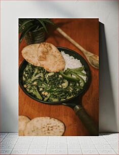 Πίνακας, Green Vegetable Curry with Rice and Bread Πράσινο λαχανικό κάρυ με ρύζι και ψωμί
