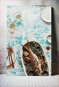 Πίνακας, Grilled Fish with Lemon and Greens Ψάρι στη σχάρα με λεμόνι και χόρτα
