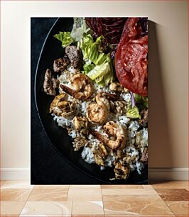 Πίνακας, Grilled Shrimp and Beef with Rice and Salad Ψητές γαρίδες και μοσχαρίσιο κρέας με ρύζι και σαλάτα