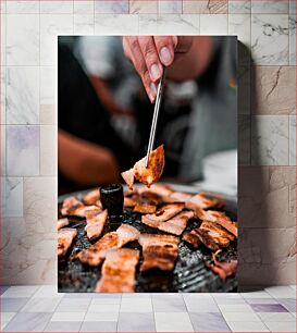 Πίνακας, Grilling Meat with Chopsticks Ψήσιμο κρέας στη σχάρα με ξυλάκια