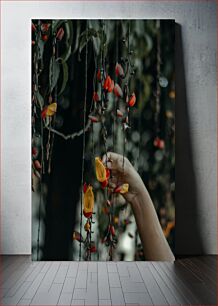 Πίνακας, Hand and Hanging Red Flowers Χέρι και Κρεμαστά Κόκκινα Λουλούδια