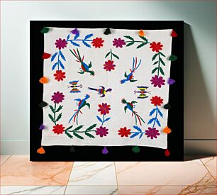 Πίνακας, Hand embroidered on white background; multicolored flowers, butterflies and birds; tassles around the four selvedges
