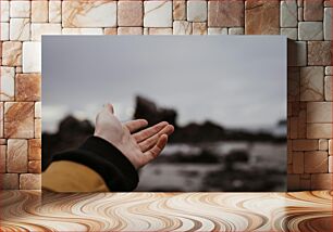 Πίνακας, Hand Reaching Towards Rocky Background Χέρι που φτάνει προς το βραχώδες φόντο