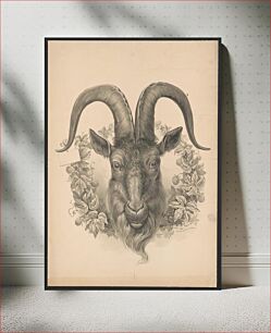 Πίνακας, [Head of goat facing the viewer frontally with a notecard tied to its right horn, surrounded by a wreath of foliage]