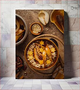 Πίνακας, Healthy Breakfast with Pears and Oatmeal Υγιεινό πρωινό με αχλάδια και πλιγούρι βρώμης