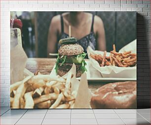 Πίνακας, Hearty Meal with Burgers and Fries Χορταστικό γεύμα με μπιφτέκια και πατάτες