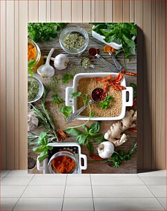 Πίνακας, Herbs and Spices on a Wooden Table Βότανα και μπαχαρικά σε ξύλινο τραπέζι