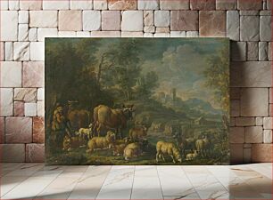 Πίνακας, Herdsman with his herd in romantic landscape