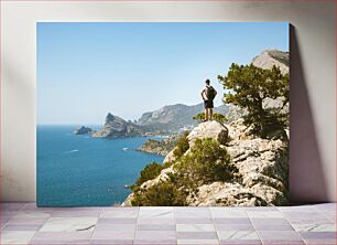 Πίνακας, Hiker Overlooking the Sea and Rocky Mountains Πεζοπόρος με θέα στη Θάλασσα και τα Βραχώδη Όρη