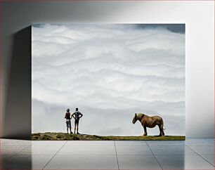 Πίνακας, Hikers and a Horse in Foggy Mountain Landscape Πεζοπόροι και ένα άλογο στο ομιχλώδες ορεινό τοπίο