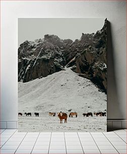 Πίνακας, Horses on Snowy Mountain Landscape Άλογα στο χιονισμένο ορεινό τοπίο