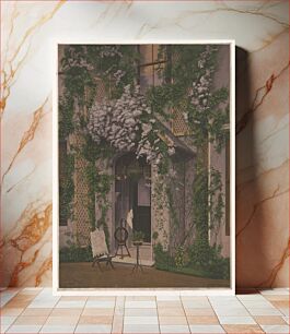Πίνακας, [House front with chair, spinning wheel, plants and bird cages in doorway.]