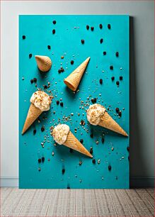 Πίνακας, Ice Cream Cones on Blue Background Χωνάκια παγωτού σε μπλε φόντο