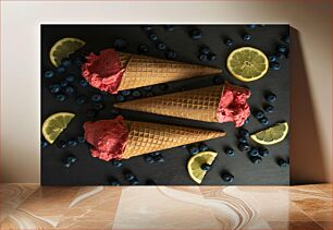 Πίνακας, Ice Cream Cones with Berries and Lemon Slices Χωνάκια παγωτού με μούρα και φέτες λεμονιού