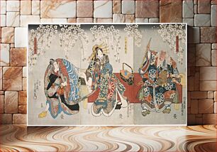 Πίνακας, Ichikawa Kodanji IV as Hige no Ikyū, Bandō Shūka I as Miuraya Agemaki, and Ichikawa Danjūrō VIII as Agemaki no Sukeroku in the play Sukeroku kuruwa no hanamidoki by Utagawa Kunisada