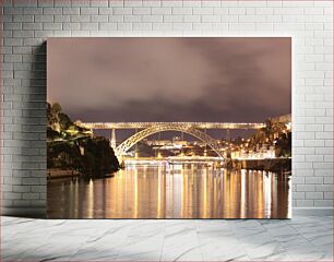 Πίνακας, Illuminated Bridge Over River at Night Φωτισμένη γέφυρα πέρα ​​από τον ποταμό τη νύχτα