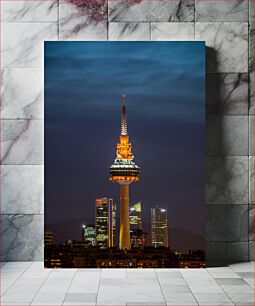 Πίνακας, Illuminated City Tower at Night Φωτισμένος Πύργος της Πόλης τη νύχτα