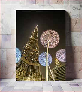 Πίνακας, Illuminated Cityscape with Dandelion Sculptures Φωτισμένο αστικό τοπίο με γλυπτά πικραλίδας