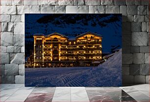 Πίνακας, Illuminated Mountain Lodge at Night Φωτισμένο ορεινό καταφύγιο τη νύχτα