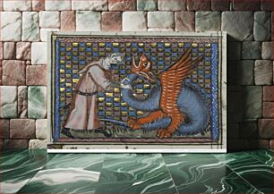 Πίνακας, Illustration d'un manuscrit d'Ovide, traduit par Chrétien Legouais en 1325, représentant Hercule prenant à la gorge Achéloüs changé en dragon