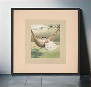 Πίνακας, ["In August" - illustration for "Baby's Lullaby Book ... by Charles Stuart Pratt" showing a young woman, sitting in a hammock, holding a young child on her lap, in Summer]