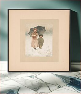 Πίνακας, ["In January" - illustration for "Baby's Lullaby Book ... by Charles Stuart Pratt" showing two young children standing in the snow; the young girl on the left is holding an umbrella]