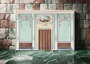 Πίνακας, Interior Design with a Central Door with Brown Curtains Flanked by Benches, against an Aquamarine Wall, with an Overdoor Painting, Anonymous, British, 19th century