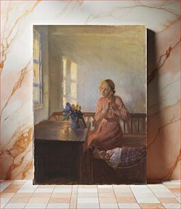 Πίνακας, Interior with a young girl braiding her hair by Anna Ancher