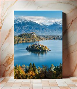 Πίνακας, Island in Lake Bled with Mountains Νησί στη λίμνη Μπλεντ με βουνά