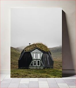 Πίνακας, Isolated Grass-Covered House in Misty Landscape Απομονωμένο σπίτι με γρασίδι σε ομιχλώδες τοπίο