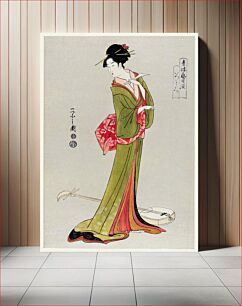 Πίνακας, Itsutomi by Eishi Hosoda (1756-1829), a traditional Japanese Ukyio-e style illustration of a Japanese woman in a kimono and a shamisen on the floor