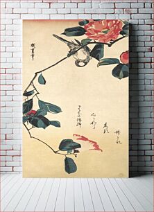 Πίνακας, Japanese camellia and bullfinch bird (1833) vintage woodblock print by Utagawa Hiroshige