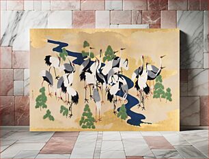 Πίνακας, Japanese cranes and pines (mid 19th century) vintage painting by Yamamoto Sodō