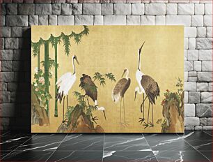 Πίνακας, Japanese cranes with bamboo (18th-19th century) vintage ink and color on paper by Kano School