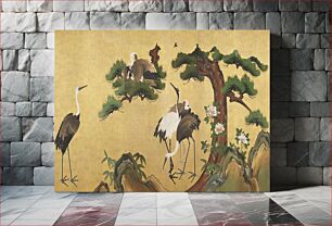 Πίνακας, Japanese cranes with bamboo (18th-19th century) vintage ink and color on paper by Kano School