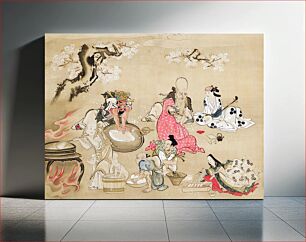Πίνακας, Japanese gods preparing a cherry blossom banquet (18th century) vintage ink and color on silk