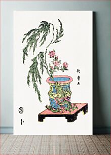 Πίνακας, Japanese ikebana, willow and peonies in dragon pot (1781-1806) vintage ukiyo-e by Kitagawa Utamaro